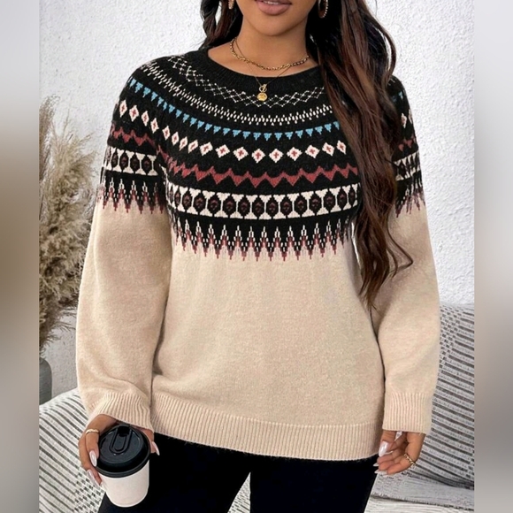 New Fair Isle Knit Sweater Top Pullover PLUS Cream Black Blue - Picture 5 of 8